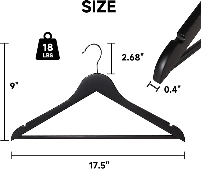 Wooden Clothes Hangers with Pants Bars, Black, 72-Pack | Heavy Duty Solid Wood Suit & Coat Hangers with Swivel Hook & Shoulder Notches, for Shirts, Jackets, Dresses & Trousers - Image 2