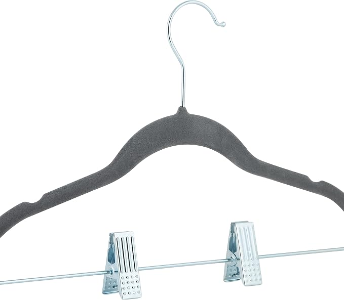 Simplify 60 Pack Children's Velvet Hangers | Durable | Lightweight | Non-Slip | Nursery | Shirt | Pants | Tank Top | Grey | Clips | Closet Organization - Image 6