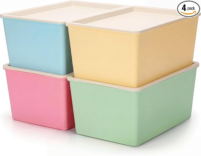 4 Pcs Storage Bins with Lids, Red, Green, Yellow, Blue, Small | Plastic Stackable Organizing Containers, Heavy Duty Storage Boxes for Classroom Room Shelves, Christmas Ornaments Baskets by Menkxi