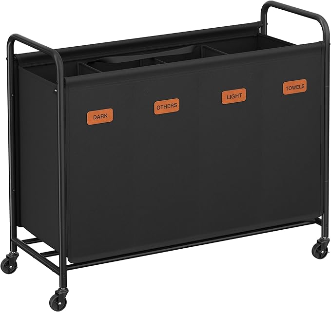 SONGMICS 4-Section Laundry Sorter, Laundry Hamper with Wheels, Rolling Clothes Hamper Cart with Large Capacity and Removable Bags, for Laundry Room, Bedroom, Bathroom, Ink Black URLS460B01 | Rolling Clothes Hamper Cart, Large Capacity, for Laundry Room... by Unknown