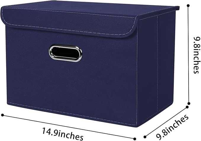 Linen Fabric Foldable Collapsible Storage Cube Bin Organizer Basket Fabric Storage Bins with Lid, Leather Handles, Removable Divider for Home, Closet,Navy Blue 3Pcs - Image 2