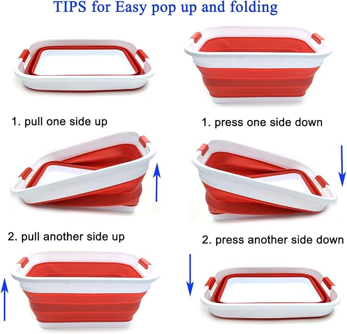 SAMMART Set of 2-41L(10.8 gallon) Collapsible Plastic Laundry Basket-Pop Up Storage Container-Portable Washing Tub-Space Saving Hamper/Basket, Water capacity:32L(8.4 gallon) (2 Rectangular, Red) - Image 7