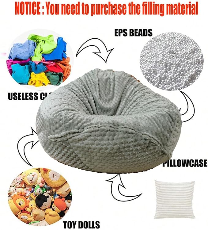 Soft Bean Bag Chair Cover No Filler Sofa Cover Storage Washable Bean Bag Cover Organizing Children Plush Toys for Living Room Bedroom (Grey, 5 feet-47.3"*47.3"*31.5") - Image 4