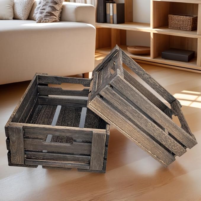 ARTAWEIN Set of 2 Rustic Wooden Crates for Display & Storage - Nesting Farmhouse Wood Boxes with Handles - Decorative Stackable Storage Baskets for Home Decor, Pantry, Kitchen, Bathroom - Carbonized - Image 7