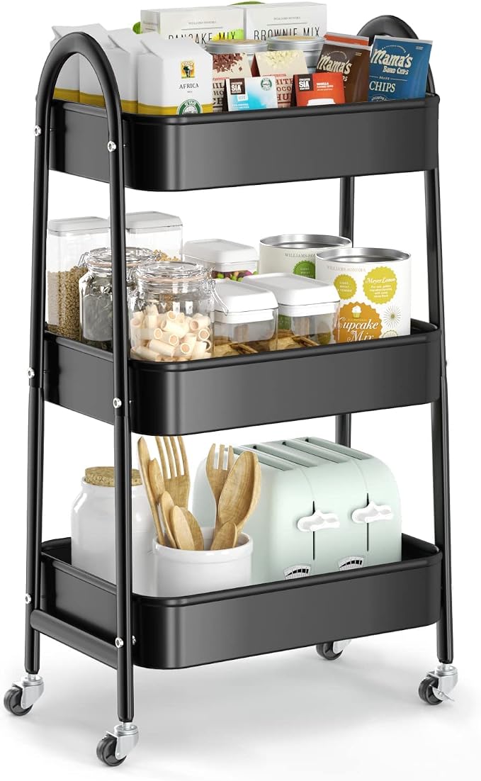 3 Tier Utility Rolling Cart, Metal Storage Cart with Handle and Lockable Wheels, Multifunctional Storage Organizer Trolley with Mesh Baskets for Kitchen, Living Room, Office, Garage (Black) by EAGMAK