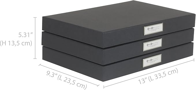 Bigso Sven Fiberboard Classic Hinged Document Box - File Organizer for Important Paperwork - Document Storage Box with Hinged Lid & Label Window - 1.8 in x 13.2 in x 9.3 in - 3 Pack - Dark Grey - Image 3