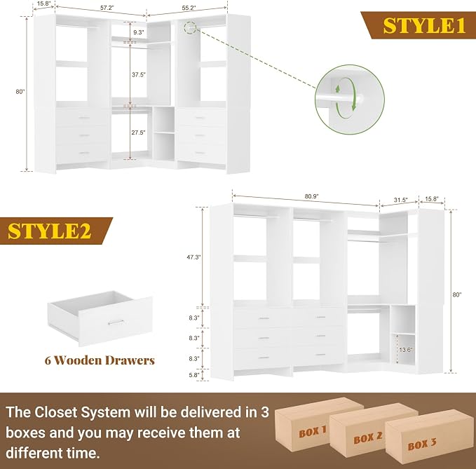 Aheaplus Closet System with 6 Drawers, 4 Hanging Rods & Corner Tower, Corner Closet System with Hanging, 80.9" L-Shaped Walk-In Wardrobe Organizer, 2000+ lbs Capacity, Set of 3, White - Image 7