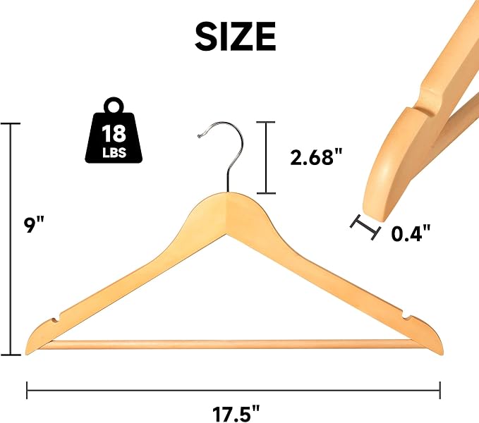 Wooden Clothes Hangers with Pants Bars, Natural Wood, 108-Pack | Heavy Duty Solid Wood Suit & Coat Hangers with Swivel Hook & Shoulder Notches, for Shirts, Jackets, Dresses & Trousers - Image 2