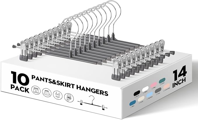 Pants Skirt Hangers with Clips, 10 Pack, Gray, 14 Inch | Non-Slip,Adjustable metal wide clips,Space-Saving,Heavy duty, for pants/skirt/dress/trousers/jeans/shorts/leggings,Women - Image 2