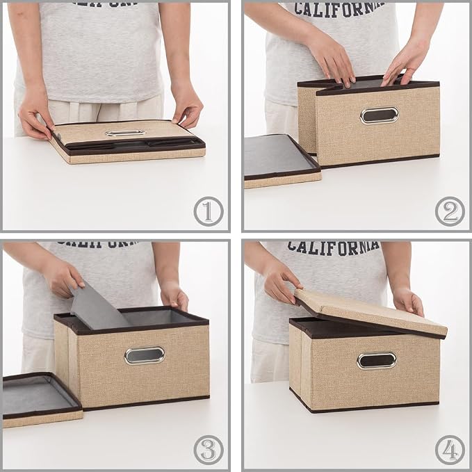 Storage Bins with Lids [3-Pack] Jute Fabric Foldable Storage Boxes Organizer Containers Baskets Cube with Cover for Home Bedroom Closet Office Nursery khaki（11.4X8.6X6.7 - Image 5