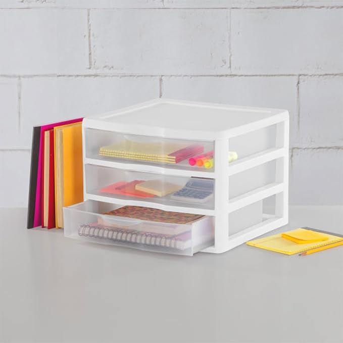 Sterilite 12-Pack Wide 3 Drawer Unit, Plastic Desktop Organizer with Clear Drawers, White Frame - Stackable Multi-Purpose Storage for Office Supplies, Craft Rooms, Classrooms and Home Organization - Image 5