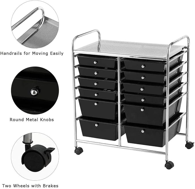 Moccha 12-Drawer Rolling Storage Cart - Utility Cart on Wheels with Lockable Casters for Craft Art Supply Paper Salon, Mobile Drawer Carts for Classroom Teacher School Office - Image 7