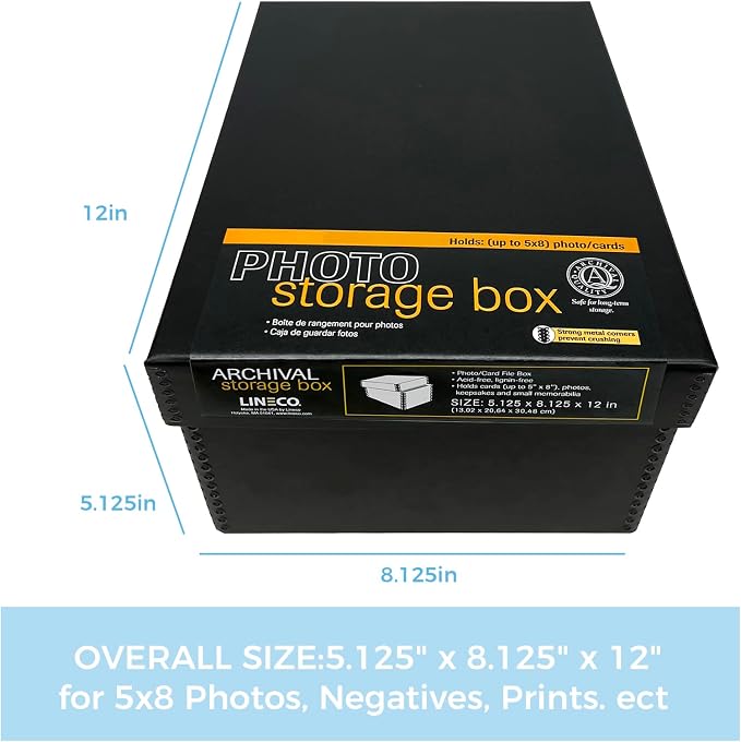 Lineco Archival Photo Card Box, Museum-Quality Storage, 5x8x12 Inch, Black | Acid-Free with Removable Lid, Metal-Edge Corner, Bulk Storage and Preservation for Negatives, Prints, Films, Photos, Snapshot - Image 2