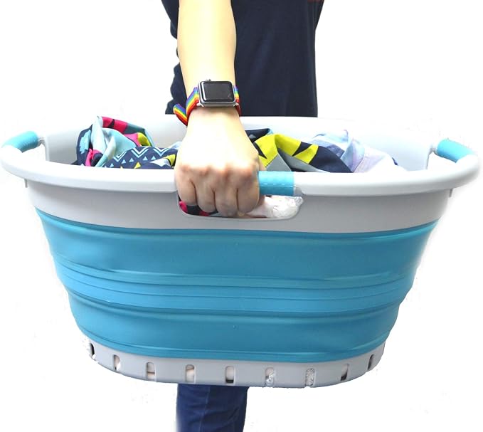 SAMMART 36L Set of 2 Collapsible 3 Handled Plastic Laundry Basket-Foldable Pop Up Storage Container-Portable Washing Tub-Space Saving Basket (2, Grey/Bright Blue) - Image 5