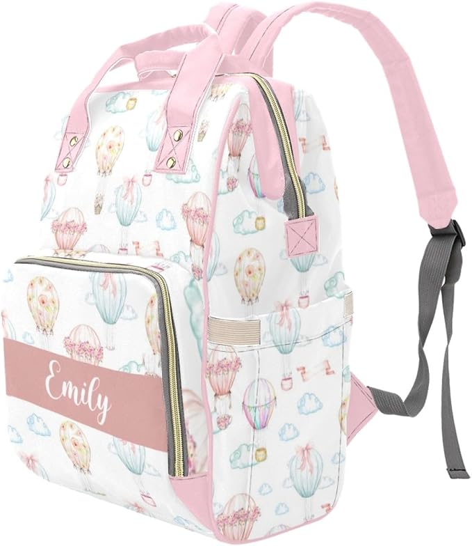 Custom Diaper Bag with Name Personalized Hot Air Balloons Nylon Travel Backpack for Holiday Travel Customized Nappy Changing Bag with Pockets for New Mom - Image 2