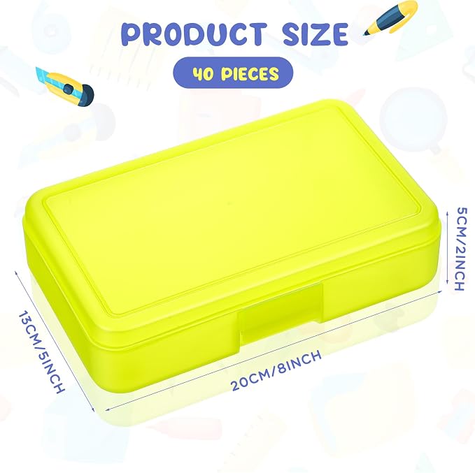 Zhehao 40 Pack Plastic Pencil Box Bulk, Hard Case for Kids,Yellow | Clear Lid Cases for School Supplies, 3 Compartment Organizer, Hard Plastic Utility Holder with Pens Brushes, Classroom Use - Image 2