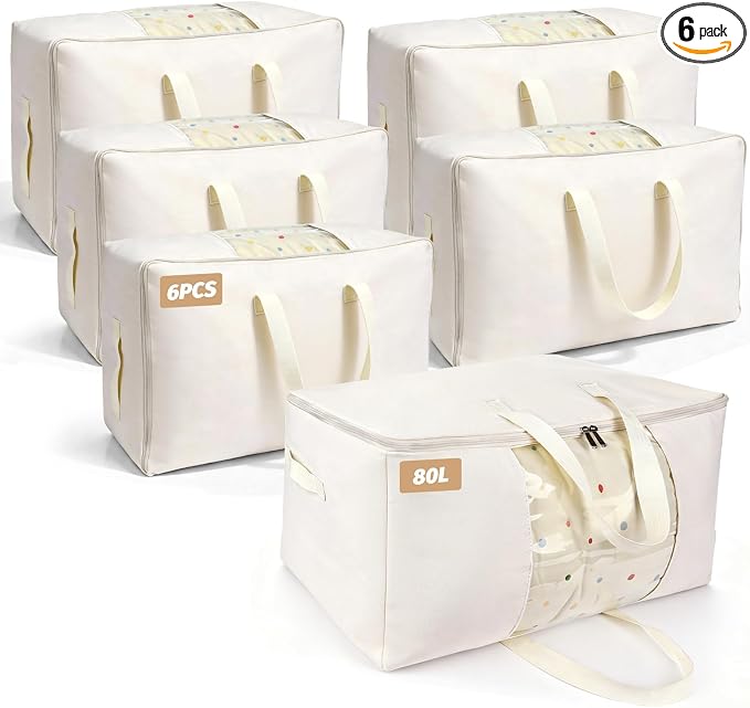 Soft Large Canvas Storage Bags with Zipper. Thick Breathable. Four Carrying Handles and Window. Cotton Linen Storage for Pillows, Quilt, Blankets and Comforter, 80L, Beige by Unknown
