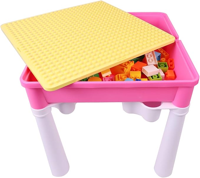 burgkidz Toddler Building Table Set: 1 Chair 128 Blocks 4 Storage Bin Pink | Leakproof top sand/water. Sturdy ABS, smooth edges. 4 storage bins (1/leg) & 128 bricks. Ideal 3+ yrs. Great gift - Image 8