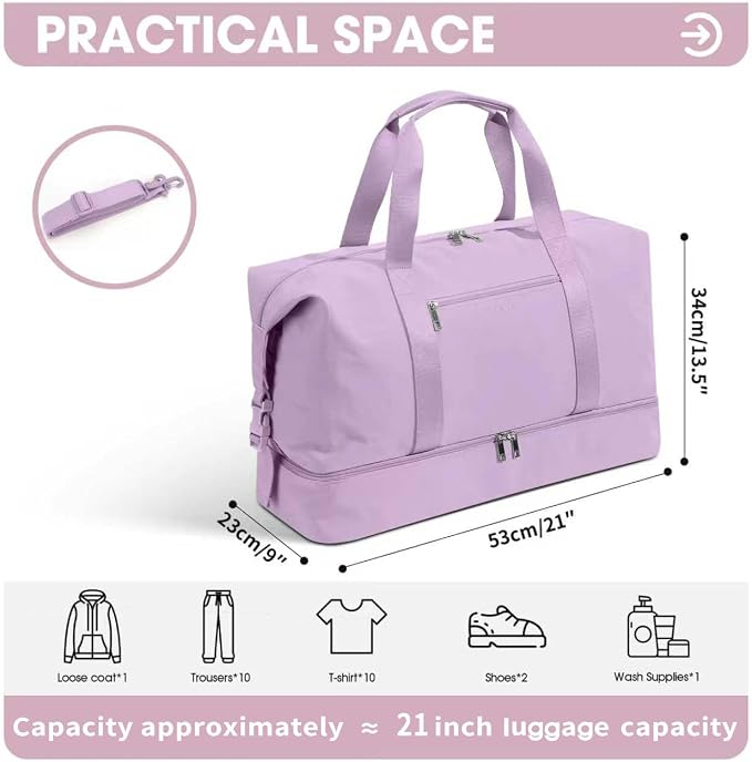 Oeihuivt Weekender Bags for Women - 21 Inch Large Travel Duffel Bag with Shoe Compartment, Heavy-Duty Canvas Leather Carry On Overnight Tote, Pink - Image 3