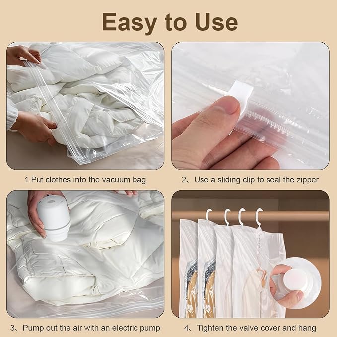 Flintronic Hanging Vacuum Storage Bags, 4pcs(2 Long 135x70CM & 2 Short 110x70CM) Vacuum Compression Zipper Storage Bags, Space Saver for Clothes, Suits, Dresses, Coats or Jackets - Image 4