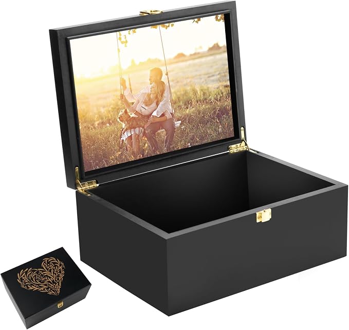 Larger Wooden Memory Keepsake Boxes With Hinged Lids and a photo frame inside the lid - Decorative Storage Box With a Hinge Lids For Picture Letter Time Capsule - 5.3“*8.6”*11.7“ Black by EVA+murmure