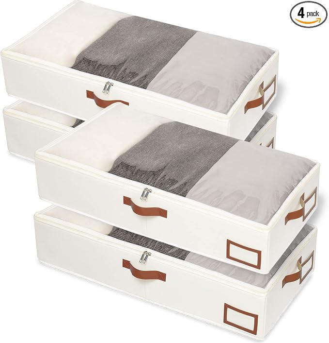 Yawinhe 27L Under Bed Storage Containers,4 Pack Blanket Bags,Beige | Foldable Underbed Storage Bins for Linen Sheets; Closet Organizer with Clear Window and 4 Handles, for Clothing by Yawinhe