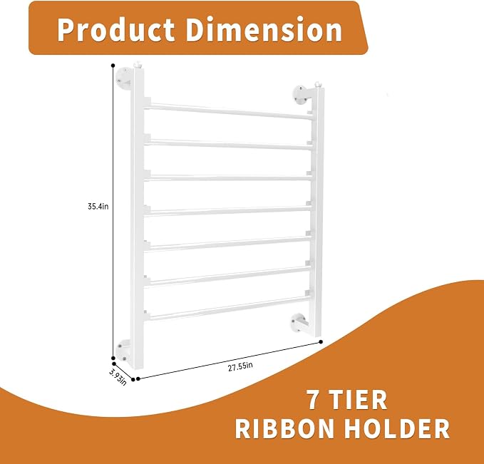 Xbsyhx 7-Tier Wall Mount Ribbon Rack for Craft Room, White | ribbon organizer holds wrapping paper, scarves, towels. Metal rack with hooks for craft room, flower store, closet - Image 2