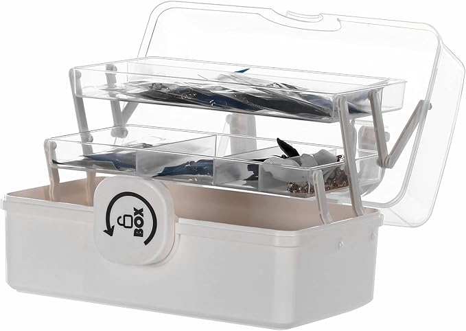Sooyee Plastic Storage Box with 3-Tier Fold Tray, Tool Organizer Portable Handled Case, Lockable Container for Arts, Crafts, Cosmetic, Sewing, Toy, Washi Tape, Lego, Clear/White by Sooyee