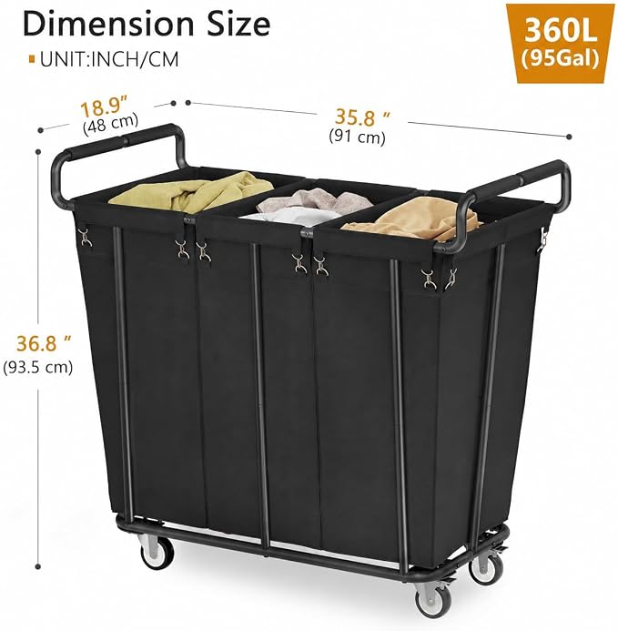 Gewudraw 3 Section Heavy Duty Laundry Sorter Cart with Wheels, 360L, Black | Rolling Laundry Hamper Sorter Cart, Extra Large Laundry Clothes Hamper, Laundry Basket Organizer for Bathroom, Bedroom, Hotel - Image 4