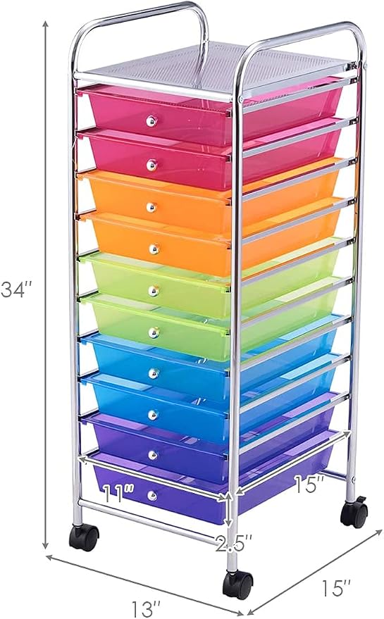 GOFLAME 10-Drawer Rolling Storage Drawer Cart, Utility Cart with Removable Drawers & Metal Frame, Mobile Art Craft Drawer Cart with Lockable Wheels for Home, Office, Studio, School, Rainbow - Image 3