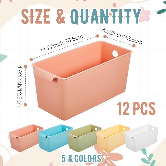 Mumufy 12 Pcs Book Bins for Easy Access Storage Basket Sturdy Book Storage Containers and Organization for Home Use, 11.2 x 5 x 5 Inch, 5 Colors - Image 2