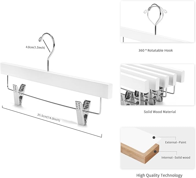 Nature Smile Deluxe Wooden Pants Hangers, White, Pack of 28 | Solid Wood Bottom, Jeans Hanger, Skirt Hanger, 2-Adjustable Clips - Image 2