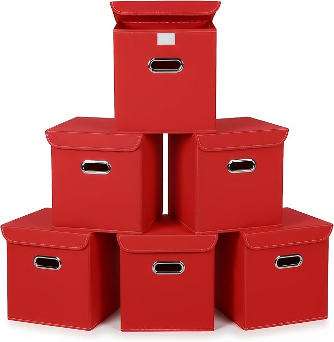 Closet Organizers Fabric Storage Bins With Lids Collapsible Cube Storage Organizer Basket With Handles,Storage Boxes for Clothes Storage,Office,Laundry,Shelves,6 Pack,（Red） by SEVENDOME