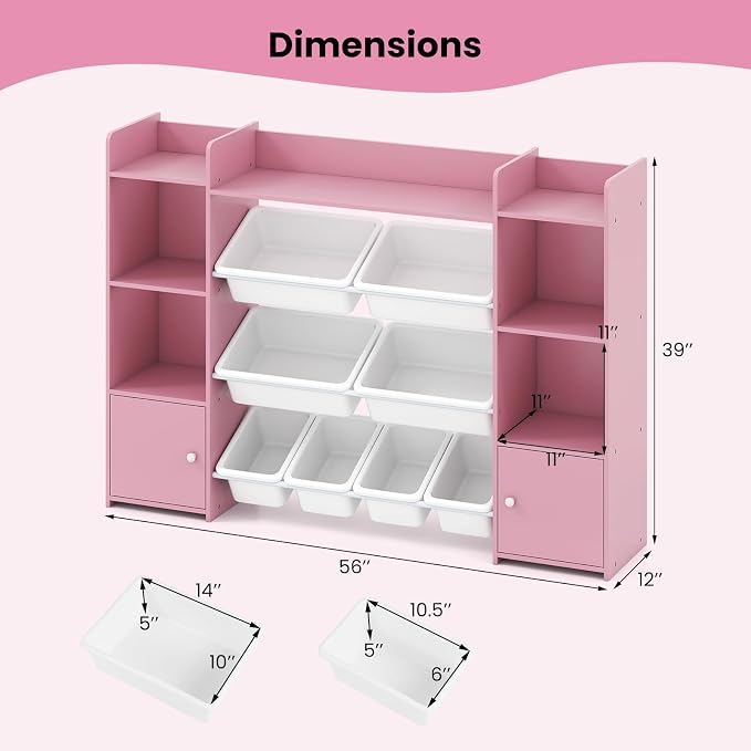 Costzon 56'' Kids Toy Storage Organizer with 8 Removable Bins, 4-Tier Toddler Bookshelf Cubbies, Preschool Children's Montessori Bookshelf w/6 Large Cabinet for Playroom, Daycare, Kids Room, Classroom - Image 2