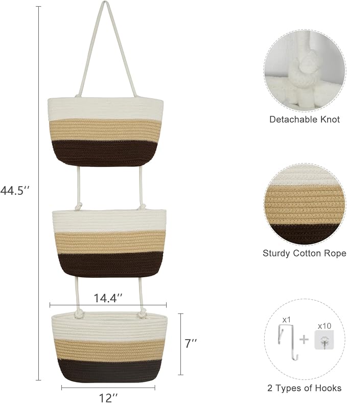 TeoKJ Over the Door Hanging Basket, 3-Tier Woven Cotton Wall-Mounted Storage Organizer Bag Decorative Hanging Nursery Baskets，Gradient Brown - Image 5