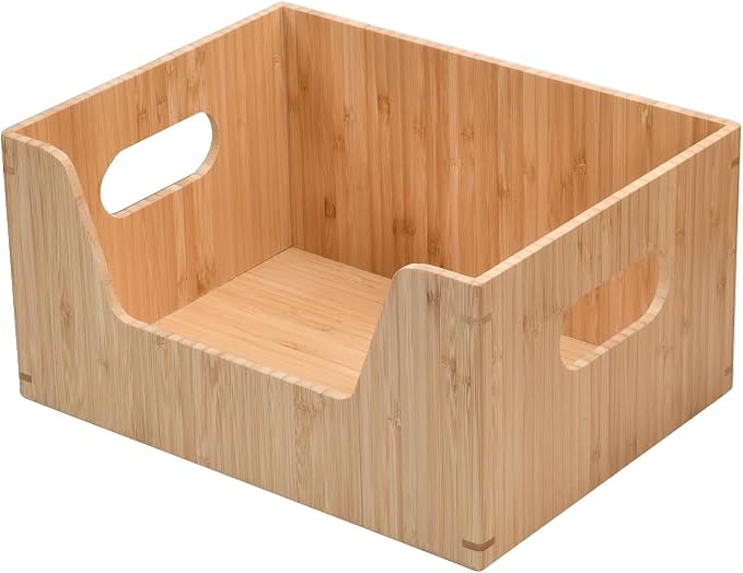 MobileVision Bamboo Stackable Open Front Storage Bin for Kitchen Pantry Cabinets Holds Potatoes, Onions, Packaged Goods, Boxed Meals & more, 12" x 9" X 6" by MobileVision