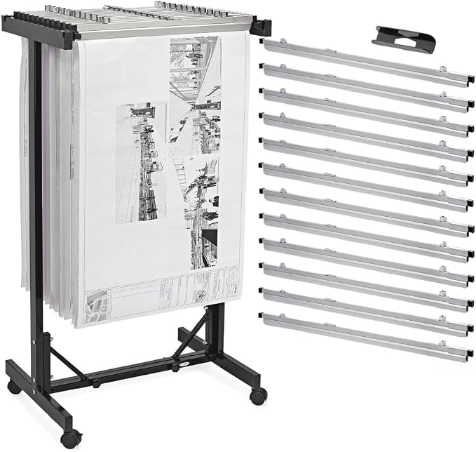 Adir Blueprint Rack and Clamps - 12 Pack of 36 Inch Blueprint Clamps and Mobile Blueprint Rack - Heavy-Duty Large Document Storage Solution for Blueprints, Posters, Maps, & Construction Plans by Adir+Corp.