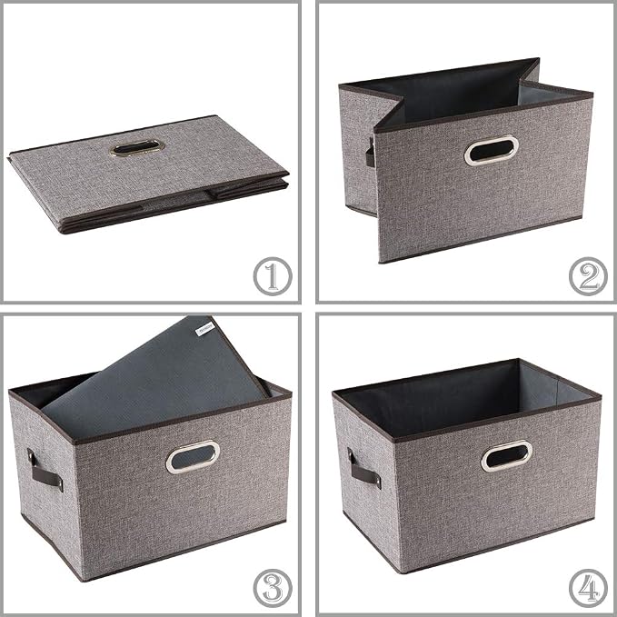 Larger Collapsible Storage Bins for Closet [3-pack] Decorative Linen Fabric Storage Baskets Cubes with Leather/Metal Handles for Living Room Cloth Grey and Black Trim (17.3x12.2x10.4 Inch) - Image 5