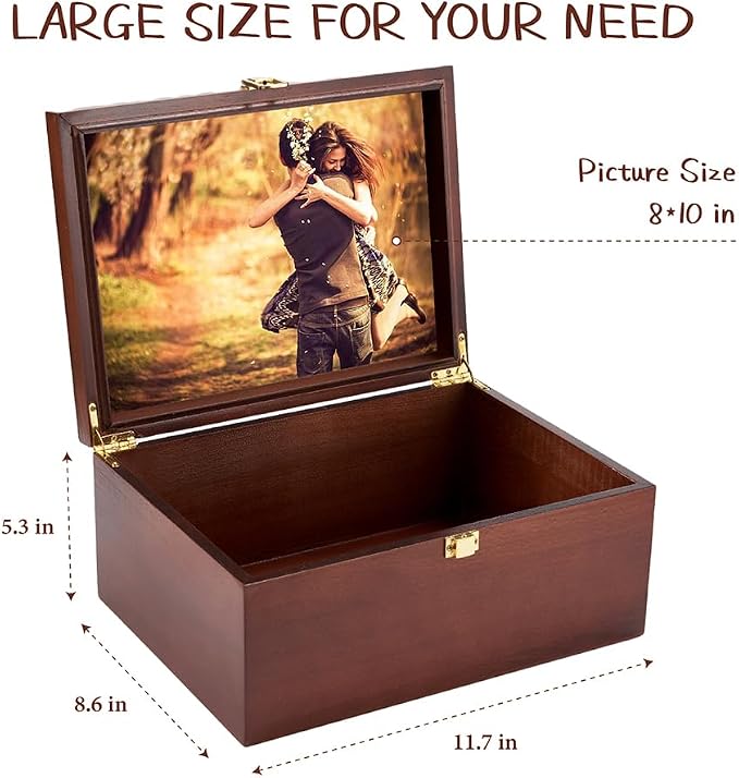 Larger Wooden Memory Keepsake Box with Hinged Lid & 8x10 Photo Frame Inside Lid – Decorative Storage Box With a Hinge Lids for Pictures, Letters & Time Capsule – Wooden Gift Box, 5.3” x 8.6” x 11.7” - Image 4