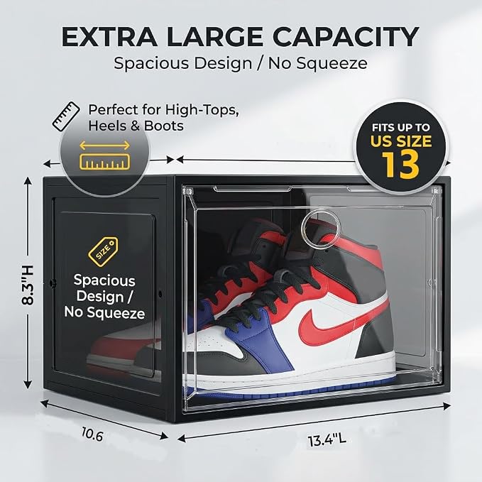Large Clear Plastic Stackable Shoe Boxes 8-Pack, Drop Side Shoe Organizers | Black Sneaker Storage Display Cases with Magnetic Door, Premium Shoe Container Fits up to US Size 13, for Closet Organization - Image 4