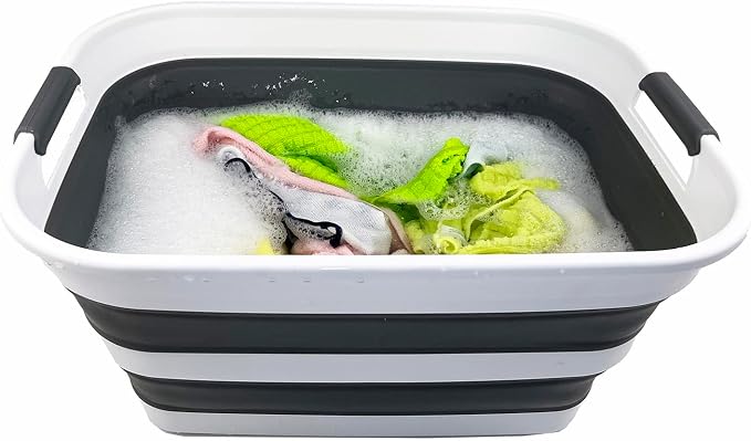 SAMMART 27L (7.1 Gallons) Collapsible Plastic Laundry Basket with Handle-Foldable Pop Up Storage Basket with handle (2, White/Steel Grey) - Image 6