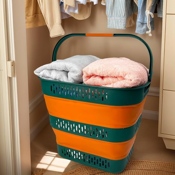 SAMMART 38L(10 Gal) Collapsible Laundry Basket - Foldable Pop-Up Storage Container/Organizer-Portable Space Saving Hamper, Measure 17.5x13.3x15.7"/3.8" Expanded/Collapsed (2, Forest Green/Autumn leaf) - Image 3