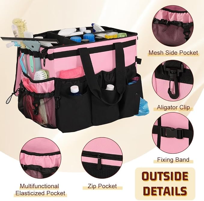 Large Rolling Cleaning Caddy with Cleaning Caddy Apron, Pink | Cleaning Caddy Bag with Detachable Trolley, Handles and Shoulder Strap, Cleaning Supplies Organizer for Cleaners Housekeepers - Image 4