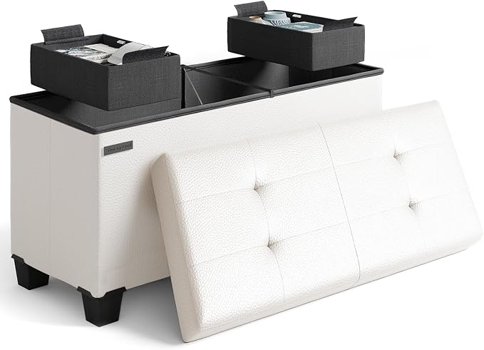 Storage Ottoman Bench with Bins, 30-in Storage Bench for Bedroom End of Bed, Folding Foot Rest Ottoman for Living Room Max 660lbs, Faux Leather Ottomans, Cream by STORAGEBUD
