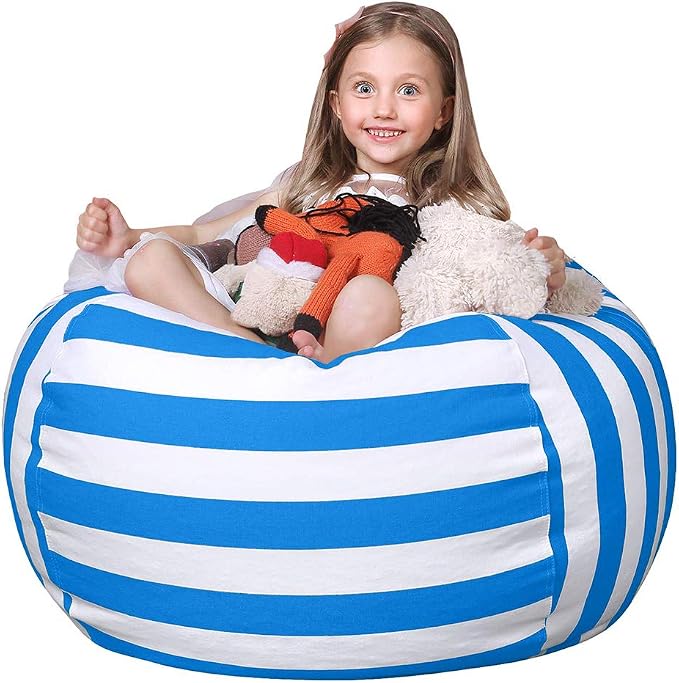 Wekapo Stuffed Animal Storage Bean Bag Chair Cover for Kids | Stuffable Zipper Beanbag for Organizing Children Plush Toys Large Premium Cotton Canvas (Blue, X-Large) by Wekapo