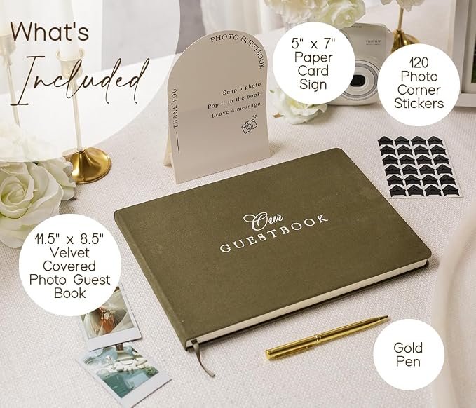Velvet Photo Guest Book Set (Olive) - Photo Corner Stickers, Gold Pen, Sign | Green A4 Hardcover 11.5 x 8.5 Memory Book | Our Guestbook | Engagement Bridal Shower Wedding Ceremony Reception Keepsake - Image 2