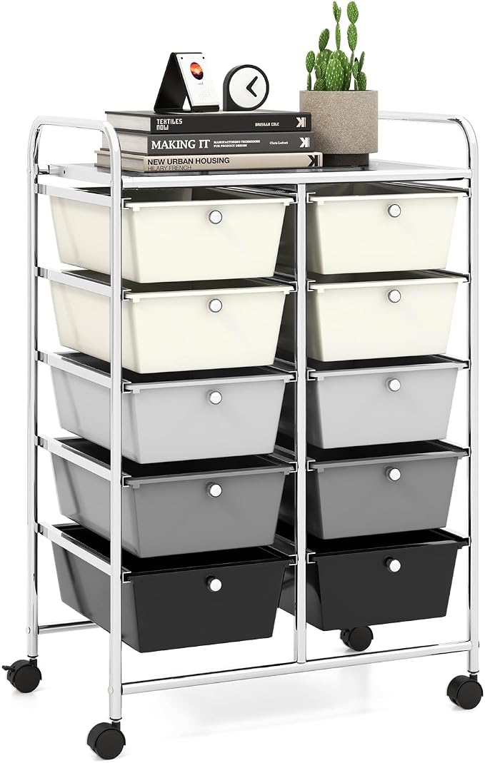 10 Drawer Rolling Cart, Storage Cart Organizer on Wheels, Drawer Cart with Metal Frame & Large Storage Capacity, Rolling Cart with Drawers for Living Room Classroom, Office by LDAILY