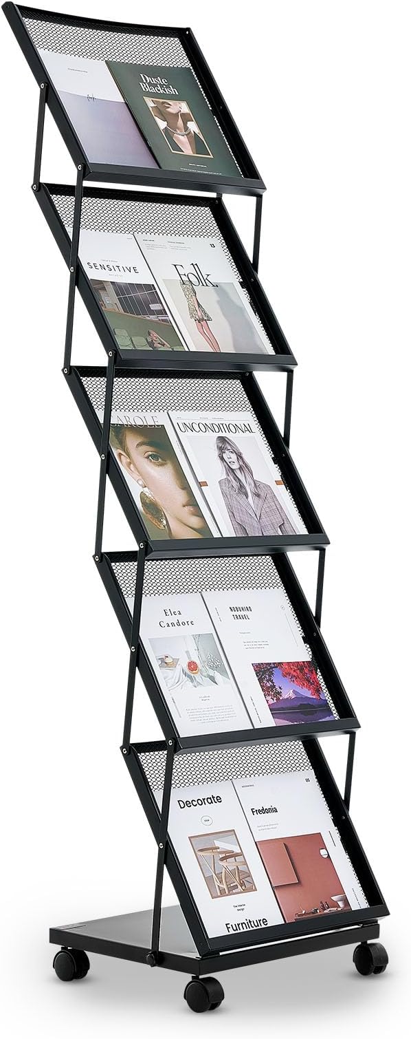 VEVOR Brochure Display Rack, Foldable 5 Pockets Magazine Literature Display Stand, Movable Floor Standing Magazine Rack with Wheels, Metal Newspaper Catalog Holders for Shop Exhibitions Office Show by VEVOR