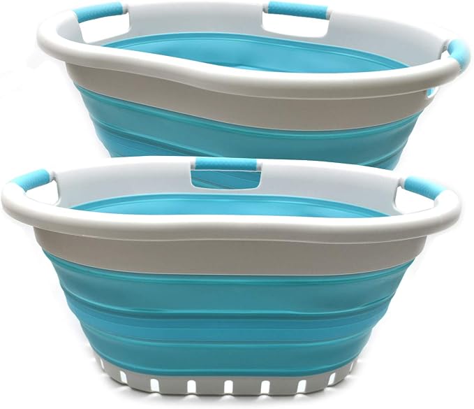 SAMMART 36L Set of 2 Collapsible 3 Handled Plastic Laundry Basket-Foldable Pop Up Storage Container-Portable Washing Tub-Space Saving Basket (2, Grey/Bright Blue) by SAMMART