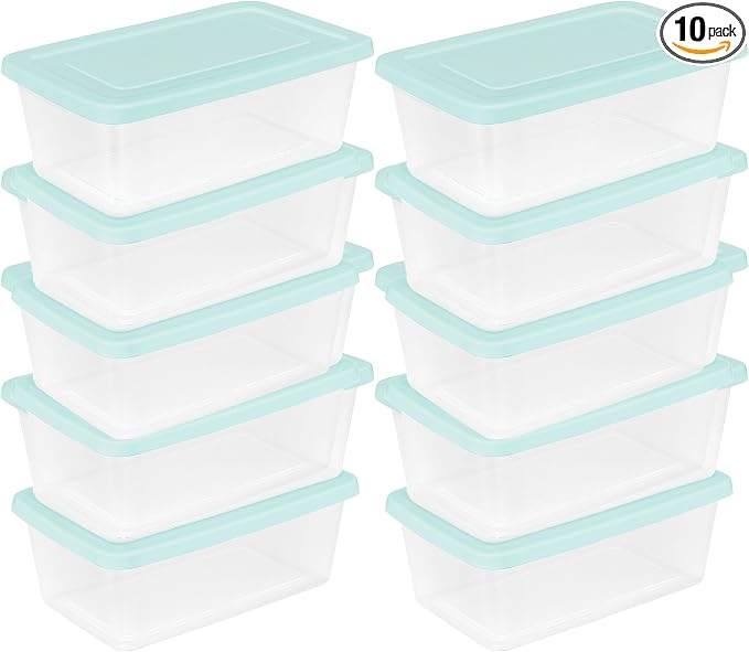 Sterilite Set of 10 Storage Boxes, Clear Plastic Stackable Containers, Lightweight Home Organizers with Snap Lids, 6 Quart, Mindful Mint by Sterilite